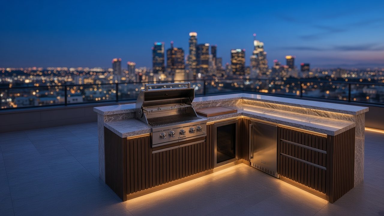 Finished rooftop outdoor BBQ kitchen island