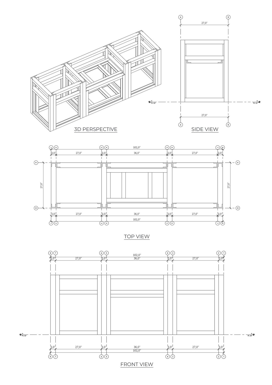 102-inch straight outdoor kitchen frame CAD multi-view